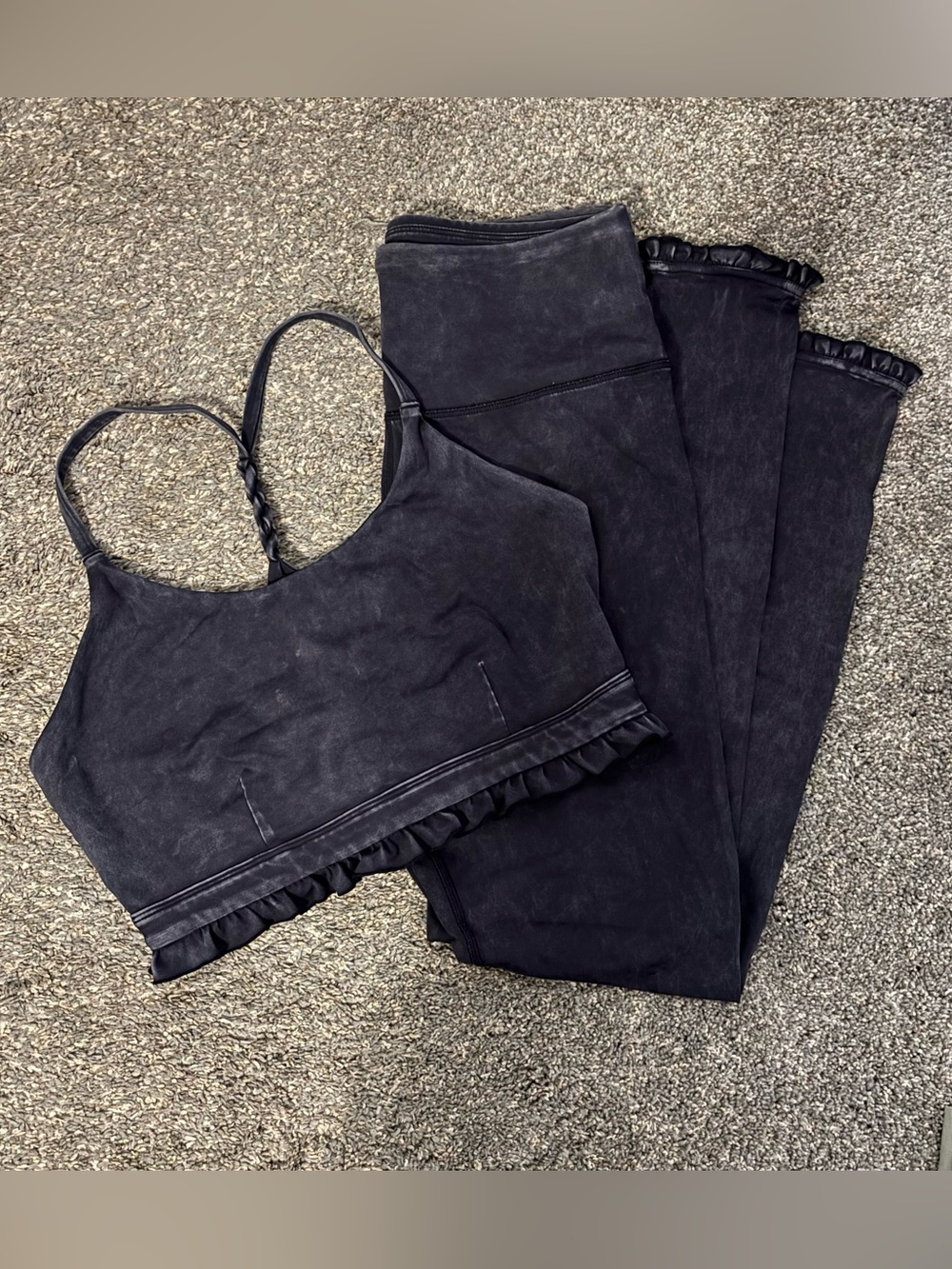 JoyLab Washed Black Ruffle Hem Braid Back Sports Bralette and Legging Set - M